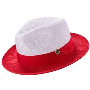 RED Two-tone Pinch Hat Wide Brim Matching Grosgrain Ribbon Straw Fedora H47
